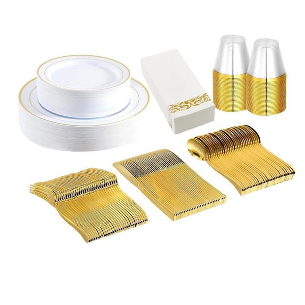 175-Piece Disposable Gold Dinnerware Set, Gold Rim Plastic Plates Cups Fork Spoon Knife Paper Napkins for Party Wedding