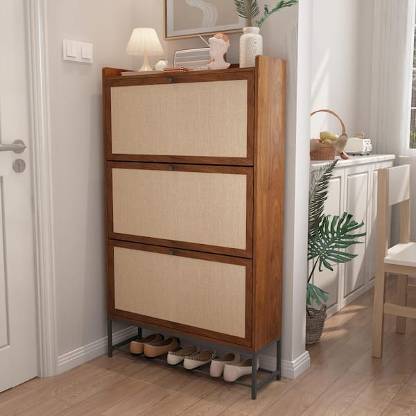 Walnut Wooden Shoe Storage Cabinet with Triple-Tier Flip-Up Drawer (9.25 in. D x 31.5 in. W x 53.22 in. H)
