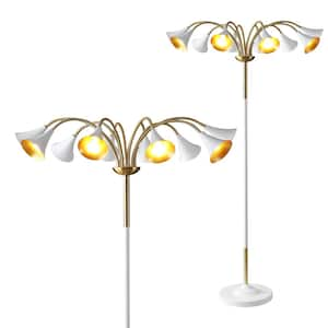 Vivian 61 in. Brass Gold/White 10-Light Mid-Century Modern Iron Medusa Multi Head Standard Tree LED Floor Lamp