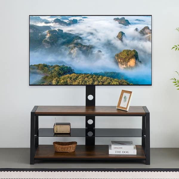 Wooden Storage TV Stand Black Tempered Glass Height Adjustable TV Console Fits TV's up to 65 in.