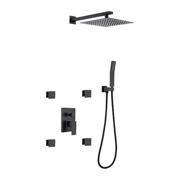 Aurora Decor Dimo Single-Handle 3-Spray 10 Inch Wall Mount Shower Faucet with 4 Body Sprays in Matte Black(Valve Included)