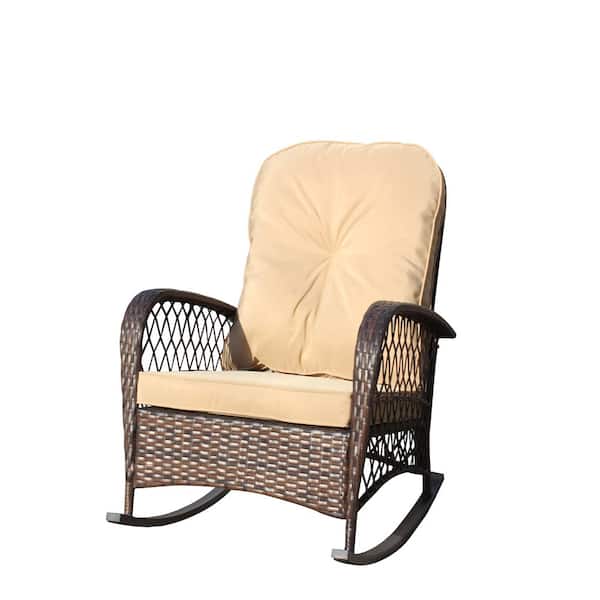 Unbranded Wicker Outdoor Rocking Chair with Soft Shallow Brown Cushion for Patio, Garden, Backyard