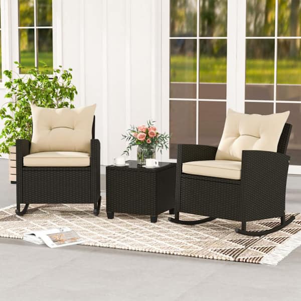 3-Piece Patio Rattan Wicker Outdoor Rocking Chair with Beige Cushions and Tempered Glass Table Wicker Rocker Set