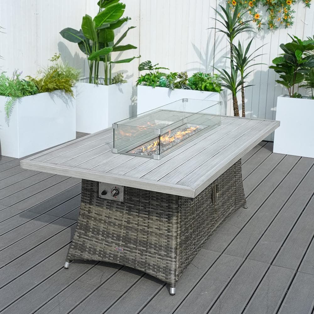 Gray Wicker and Aluminum Gas Fire Pit Table