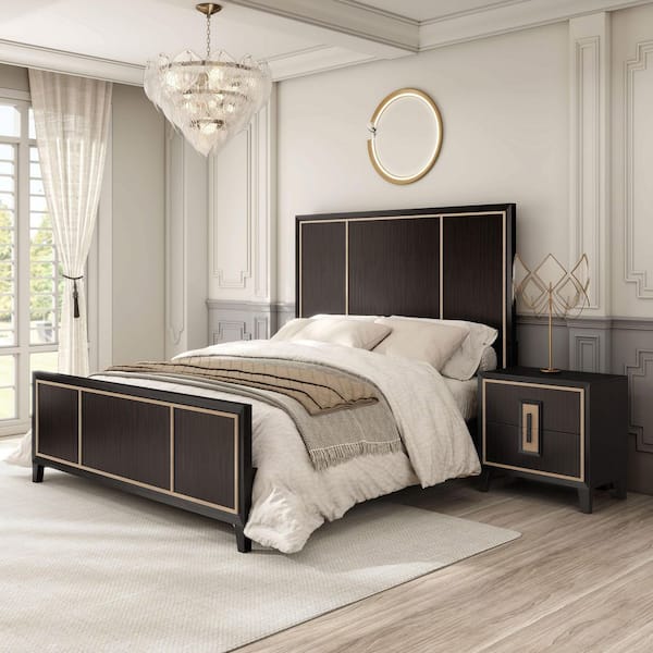 Demi 2-Piece Modern Espresso Wood Queen Panel Bedroom Set with Nightstand
