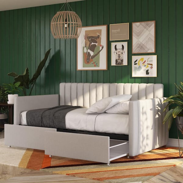 Brittany Gray Linen Twin Daybed with Storage Drawers
