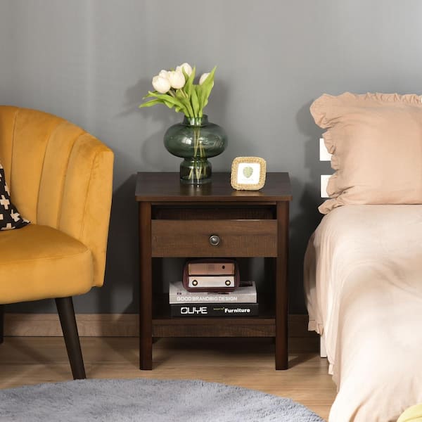 HOMCOM 1 Drawer Dark Brown Nightstand 21.65 in. x 18.89 in. x 15.75 in. 831 366