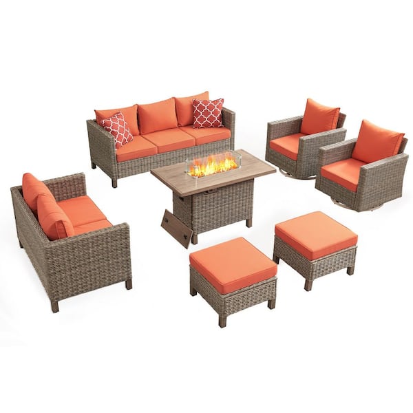 7-Piece Wicker Outdoor Patio Conversation Set with Orange Cushions and 55000 BTU Propane Fire Pit Table