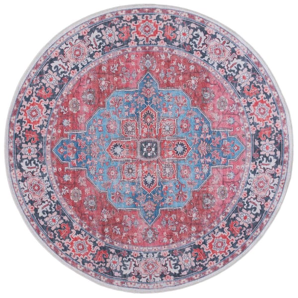 SAFAVIEH Serapi Blue/Rust 7 ft. x 7 ft. Machine Washable Medallion Floral Round Area Rug
