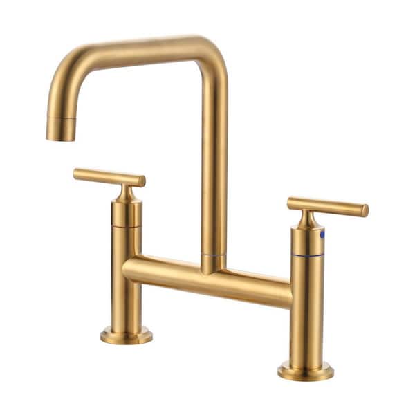 Double Handle Bridge Faucet with Kitchen Sink Hole Cover and 360° Swivel Spout in Brushed Gold
