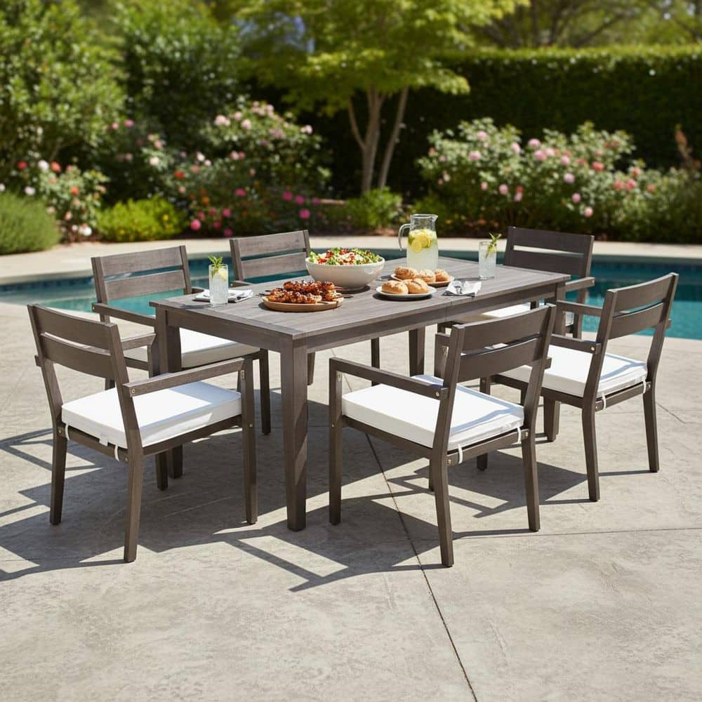 Gray 7-Piece Acacia Wood Outdoor Dining Set with Beige Cushions