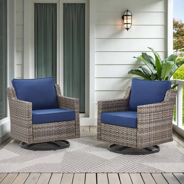 New Kalixx Gray Wicker Patio Lounge Outdoor Rocking Chair Swivel Chair with Blue Cushions (2-Pack)
