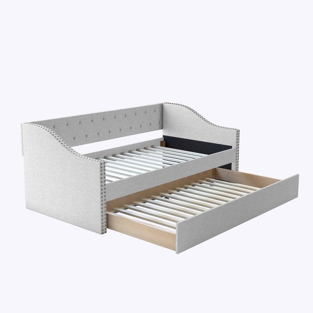 Manchester Twin Size Daybed with Wheeled Trundle, Off White Linen, with Tuf