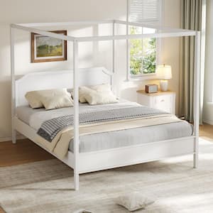 Polibi White Wood Frame Queen Canopy Bed with Tall Corduroy