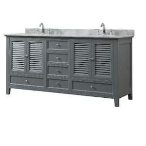 Shutter 72 in. W Bath Vanity in Gray with Carrara White Marble Vanity Top with White Basins