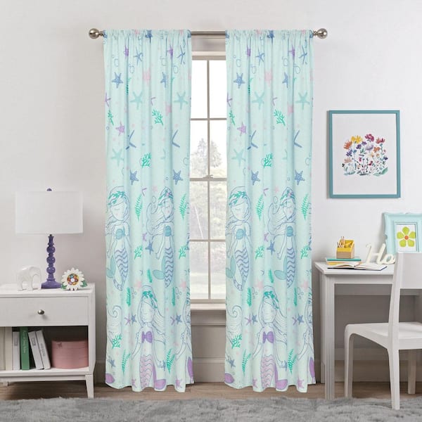 KIDZ MIX Mystical Mermaid 48 in x 84 in Microfiber Light Filtering Window Panel in Blue (2-pack)