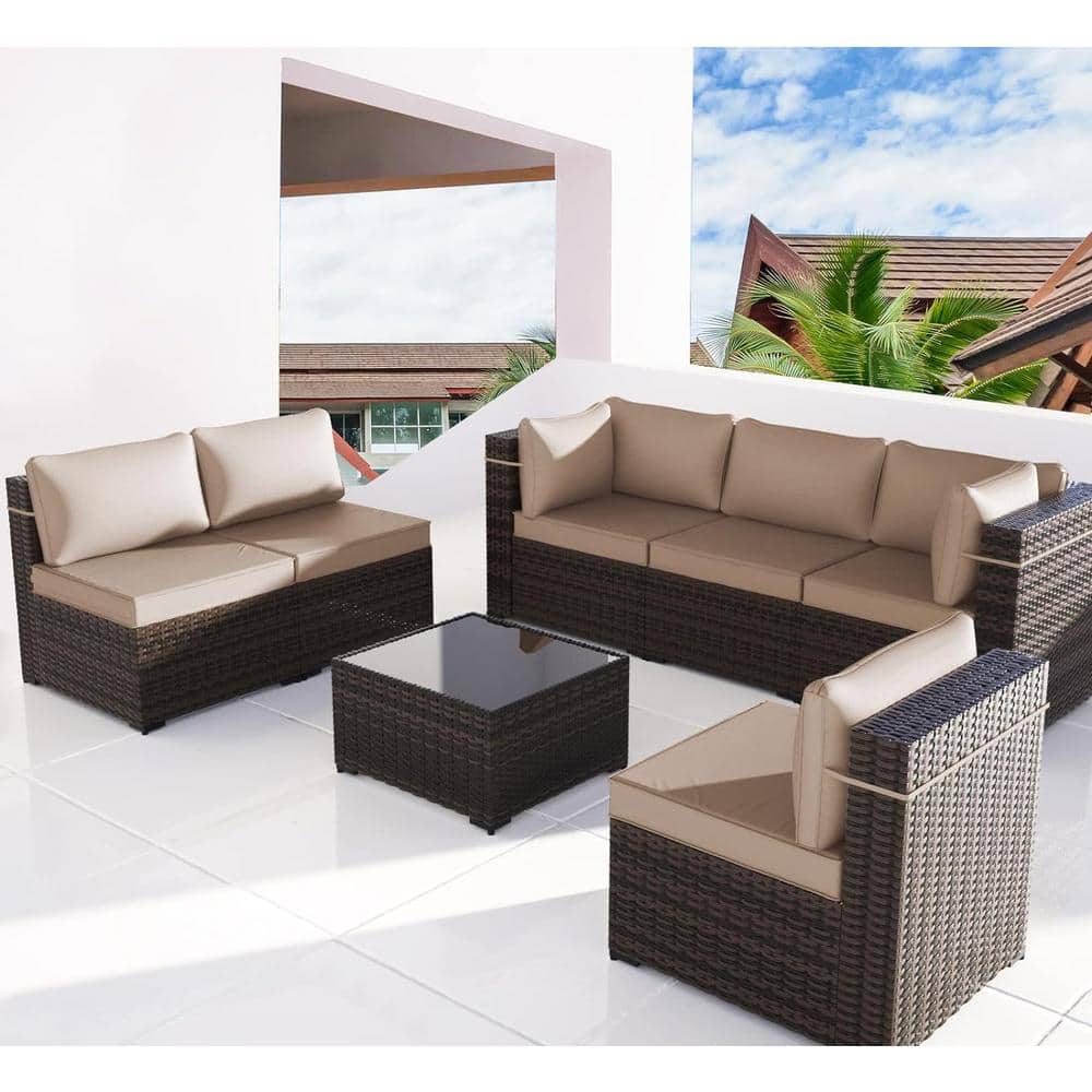 7-Piece Black Steel Wicker Patio Set with Beige Cushions