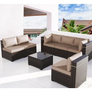 7-Piece Wicker Outdoor Patio Sectional Set, Outdoor Sofa Set with Beige Cushions for Porch Garden Poolside