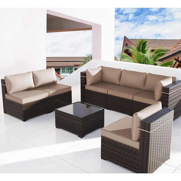 Unbranded 7-Piece Wicker Outdoor Patio Sectional Set, Outdoor Sofa Set with Beige Cushions for Porch Garden Poolside