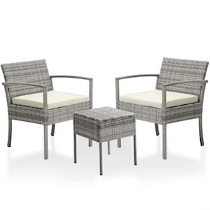 3-Piece Gray Rattan Wicker Outdoor Bistro Set with Off-White Cushions