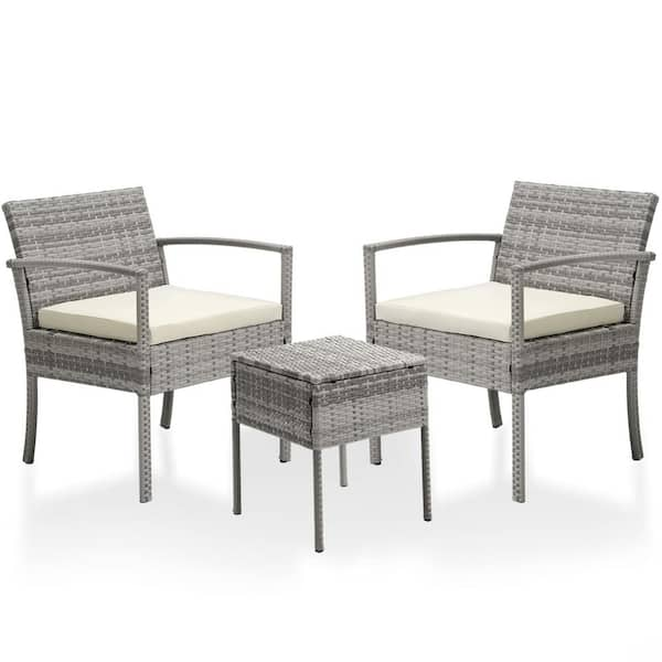 3-Piece Gray Rattan Wicker Outdoor Bistro Set with Off-White Cushions ...