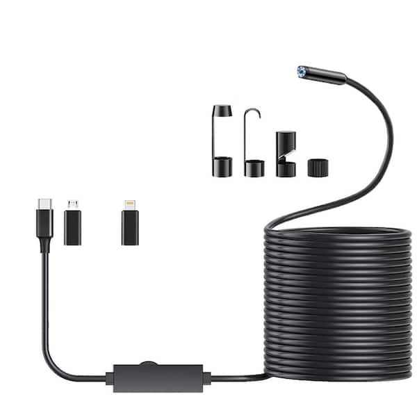 Endoscope Camera 16.4 ft. Semi-Rigid Snake Borescope with 8 LED Lights for iPhone Android Waterproof 1920P HD Black