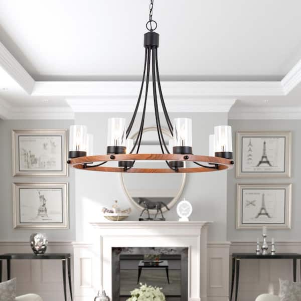 Bismarck 8-Light Wood Candle Style Wagon Wheel Chandelier with Wrought Iron Accents