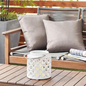 8 in. H White Ceramic Circles Decorative Candle Lantern with Cut Out Design