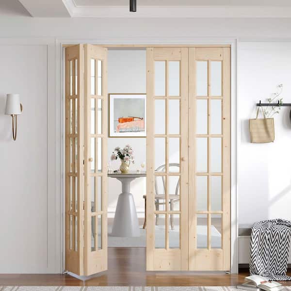 easelife 56 in. x 80 in. Pre Assembled Clear Glass Solid Core Wood Brown Bi-fold Door with Hardware