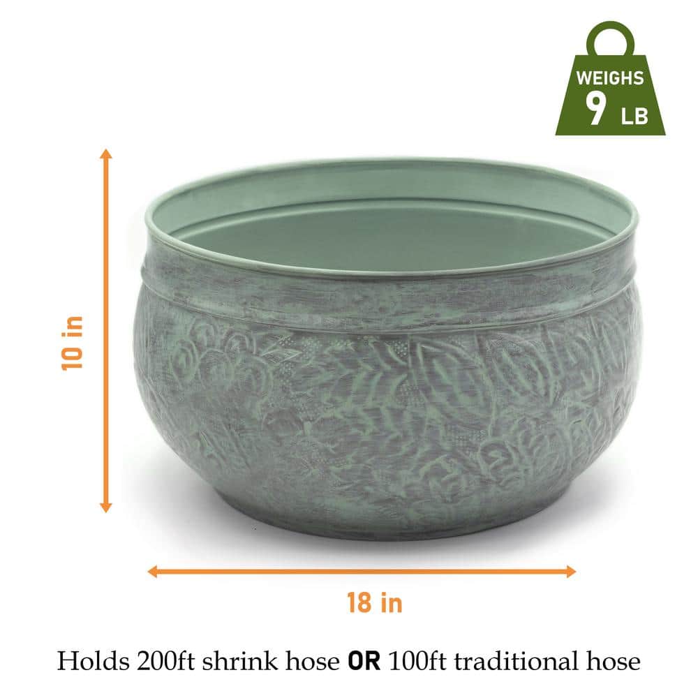 Large Blue Verde Copper Garden Hose Pot with Fern Details