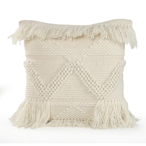 Eleanor White/Ivory Textured and Fringe Throw Pillow