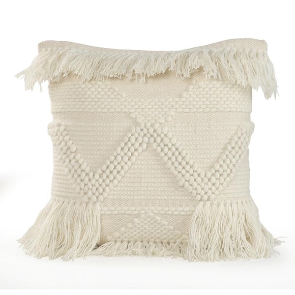 LR Home Eleanor White/Ivory Textured and Fringe Throw Pillow