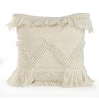 Glam Ivory 20 in. x 20 in. Textured Fringe Standard Throw Pillow