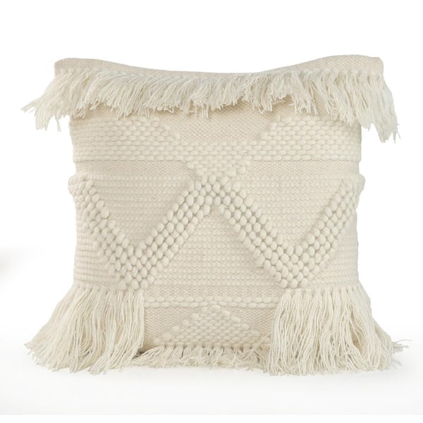 Unbranded Eleanor White/Ivory Textured and Fringe Indoor Throw Pillow