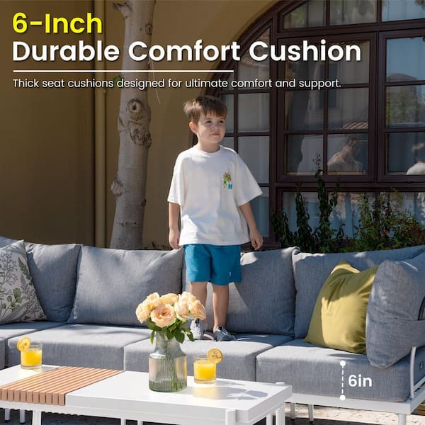 5-Piece Outdoor Conversation Furniture Set with Coffee Table, White Frame and Grey Cushions