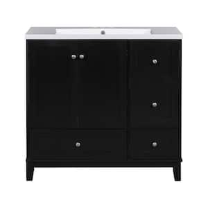 36 in. W Single Sink Bath Vanity in Black with White Solid Surface Top, USB Charging Ports, 2 Doors and 3 Drawers