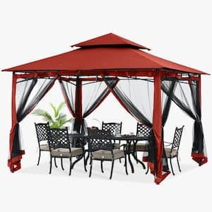 10 ft. x 12 ft. Red Steel Outdoor Patio Gazebo with Vented Soft Roof Canopy and Netting