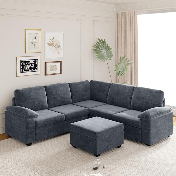 sumyeg 84 in. U-Shaped Velvet Sectional Sofa in. Gray with Ottoman