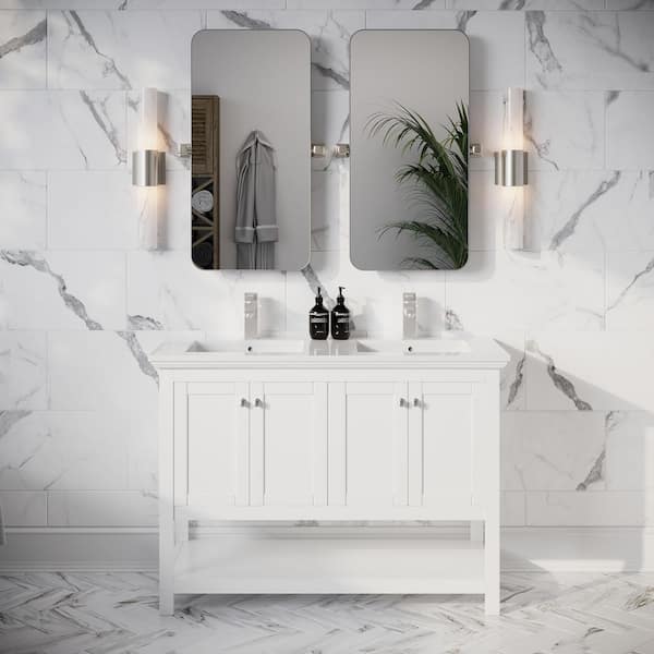 Manchester 48 in. Double Sink Shaker-Style White Bath Vanity with White Quartz Top and Integrated Sink
