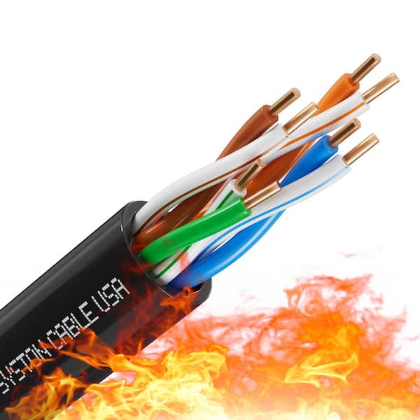 50 ft. Black CMP Plenum Rated Cat 5e 350 MHz 24 AWG Solid Bare Copper Ethernet Network Wire -Bulk No Ends Heat Resistant