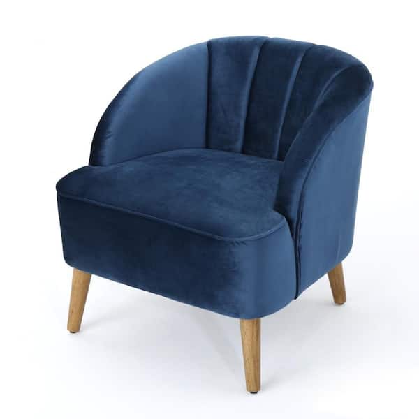 Benjara Shale Navy Blue and Natural Brown Fabric Accent Chair with Curved Backrest