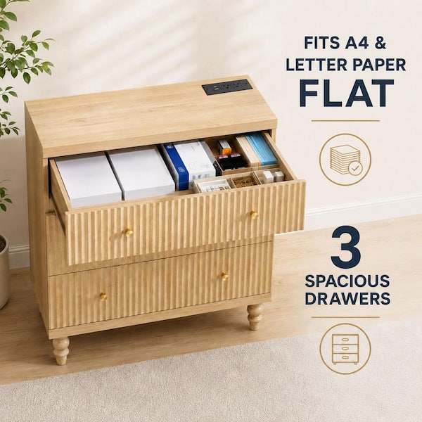 Natural Oak 31.5 in. W Fluted 3-Drawer Accent Cabinet and Printer Stand with Power Outlet