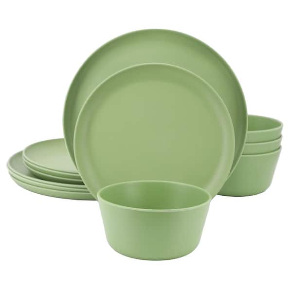 Gibson Home Fairhope 12-Piece Melamine Round Dinnerware Set in Matte Green