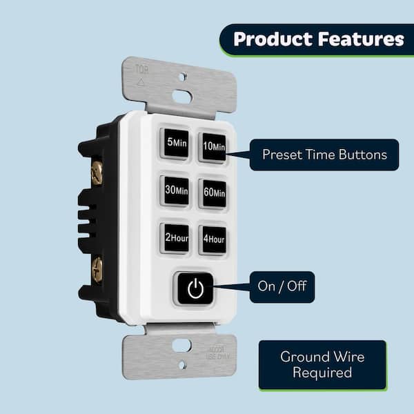 TOPGREENER 150-Watt 15 Amp Countdown Timer Switch, Push Indoor, 240 Min, 1/2 HP, No Wire, White (3-Pack) TGT06-4H-JT-W3P - The Depot
