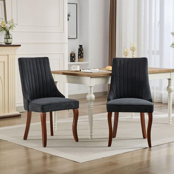 Rustic Black Flocking Linen Channel Upholstered Dining Chairs Set of 2 with Curved Solid Wood Legs for Dining Room