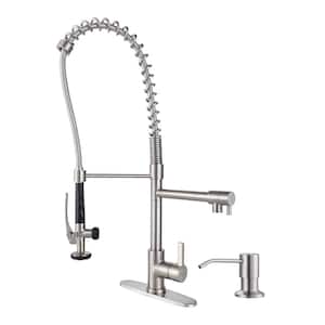 Commercial Single-Handle High-Arc Pull Down Sprayer Kitchen Faucet with Soap Dispenser for Restaurant in Brushed Nickel