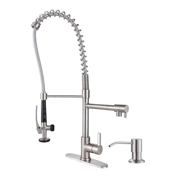 WOWOW Commercial Single-Handle High-Arc Pull Down Sprayer Kitchen Faucet with Soap Dispenser for Restaurant in Brushed Nickel