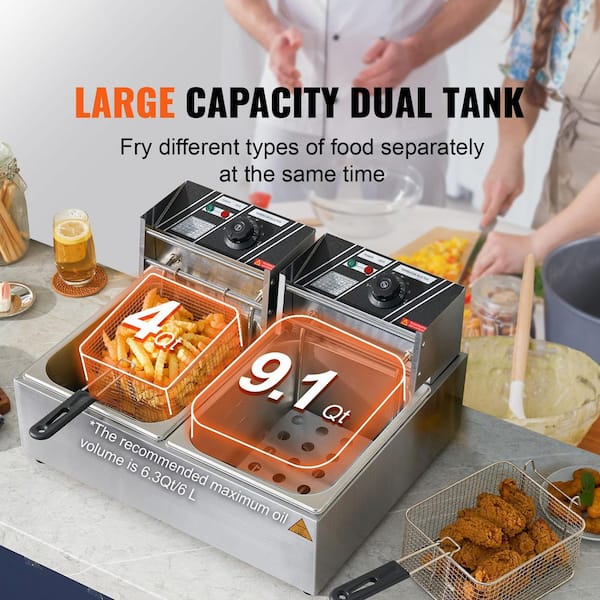 18.2 qt. Capacity, Silver, Deep Fryer, Commercial Electric Deep Fryer, Removable Lid, Adjustable Thermostat