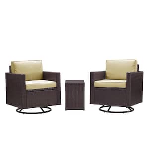 Palm Harbor 3-Piece Wicker Patio Outdoor Conversation Set with Sand Cushions -2 Swivel Chairs and Side Table