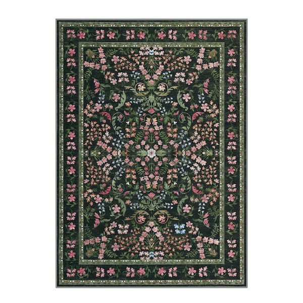 5 ft. x 7 ft. Green Floral Pattern Washable Soft, Non Slip Low Pile, for Living Room, Bedroom, Dining Room Area Rug